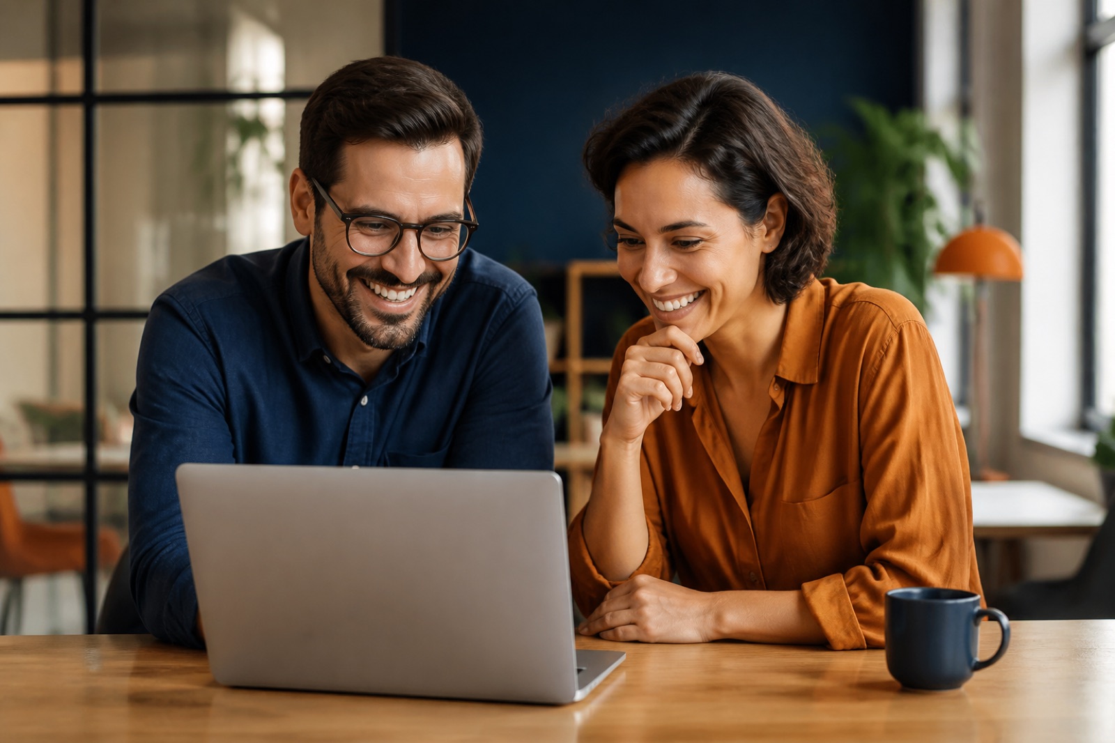 Tevreden ondernemers bekijken samen hun nieuwe website
